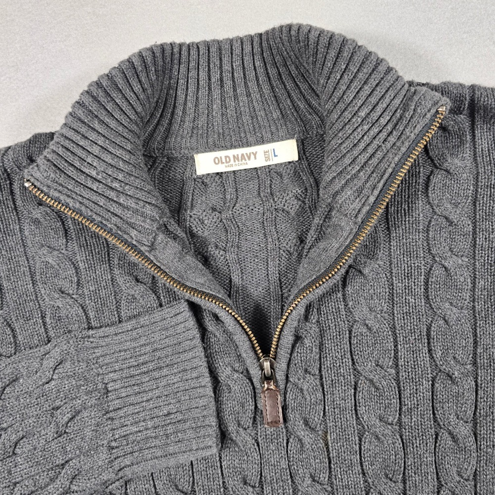 Old Navy Mens Large Gray Sweater 1/4 Zip‎ Pullover Cable Knit Cotton Mock Neck - Picture 2 of 8